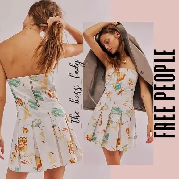 Free People floral mini dress strapless pleated spring summer cotton Medium - Picture 3 of 9